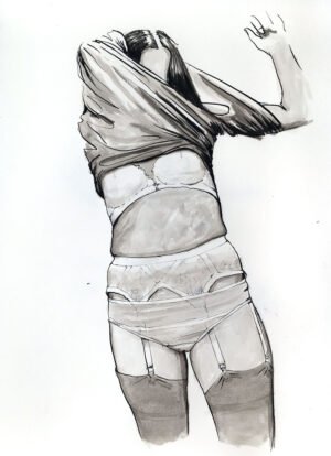 female lingerie ink drawing on paper by Dario Moschetta – contemporary figurative artwork for sale