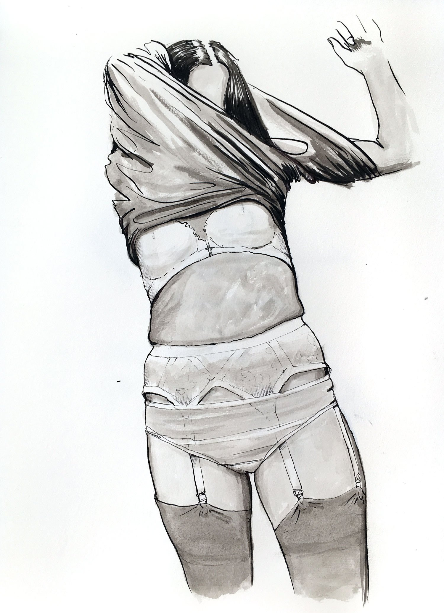 female lingerie ink drawing on paper by Dario Moschetta – contemporary figurative artwork for sale