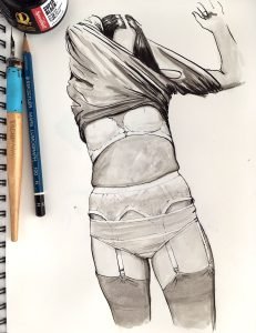 Female lingerie ink drawing by Dario Moschetta – an original figurative study of a woman getting dressed, created with ink, pencil, and grey watercolor on fine art paper.