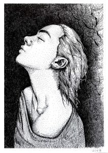 Closed Eyes portrait ink drawing for sale by Dario Moschetta, female profile with closed eyes, black ink on 240g paper