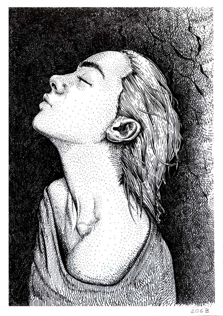 Closed Eyes portrait ink drawing for sale by Dario Moschetta, female profile with closed eyes, black ink on 240g paper