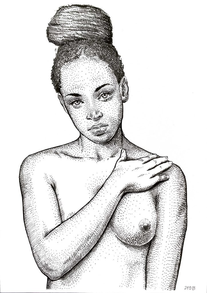 Elegant female nude ink drawing in black on A4 paper – Dario Moschetta artwork