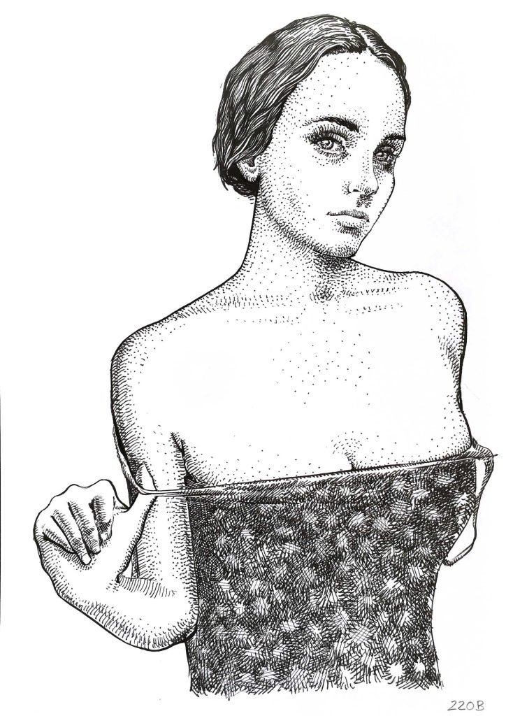 Ink drawing for sale – original female portrait artwork 220B by Dario Moschetta, black ink on 240gsm paper A4