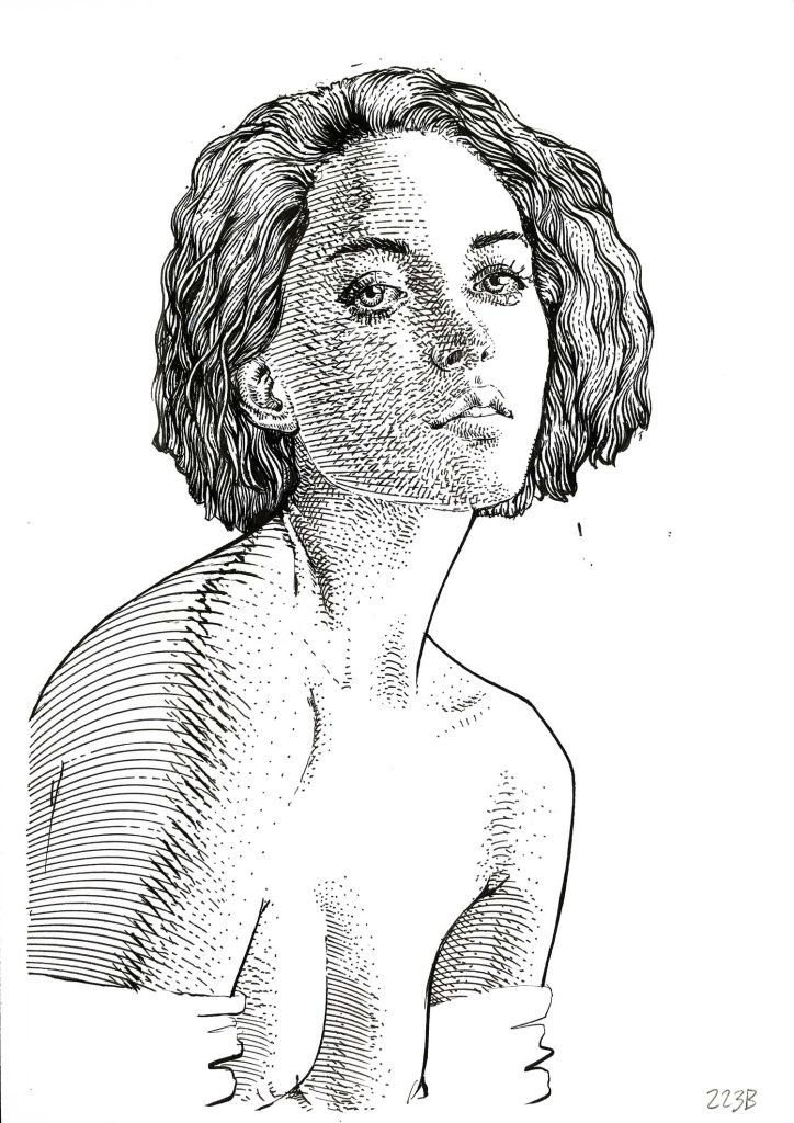portrait ink drawing of a woman – original handmade artwork by Dario Moschetta