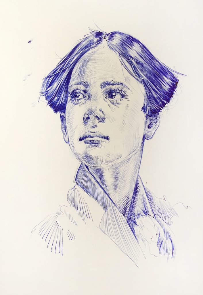 blue ink female portrait drawing by Dario Moschetta, original A4 on 150gsm paper