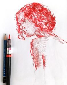 Red ink female drawing for sale by Dario Moschetta – expressive portrait of a woman in profile, contemporary ink artwork on paper