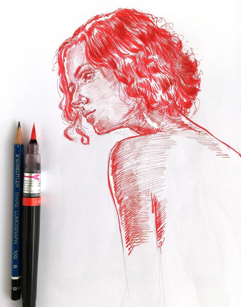 Red ink female drawing for sale by Dario Moschetta – expressive portrait of a woman in profile, contemporary ink artwork on paper