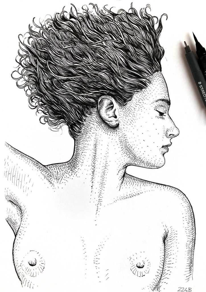 fine nude line drawing of a woman – original ink on paper by Dario Moschetta