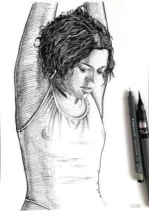 original female portrait for sale – black ink drawing on paper by Dario Moschetta