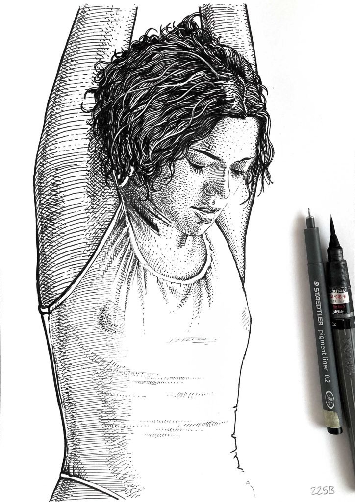original female portrait for sale – black ink drawing on paper by Dario Moschetta