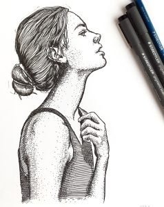 Contemporary female portrait drawing for sale by Dario Moschetta – elegant woman in profile, black ink artwork on paper