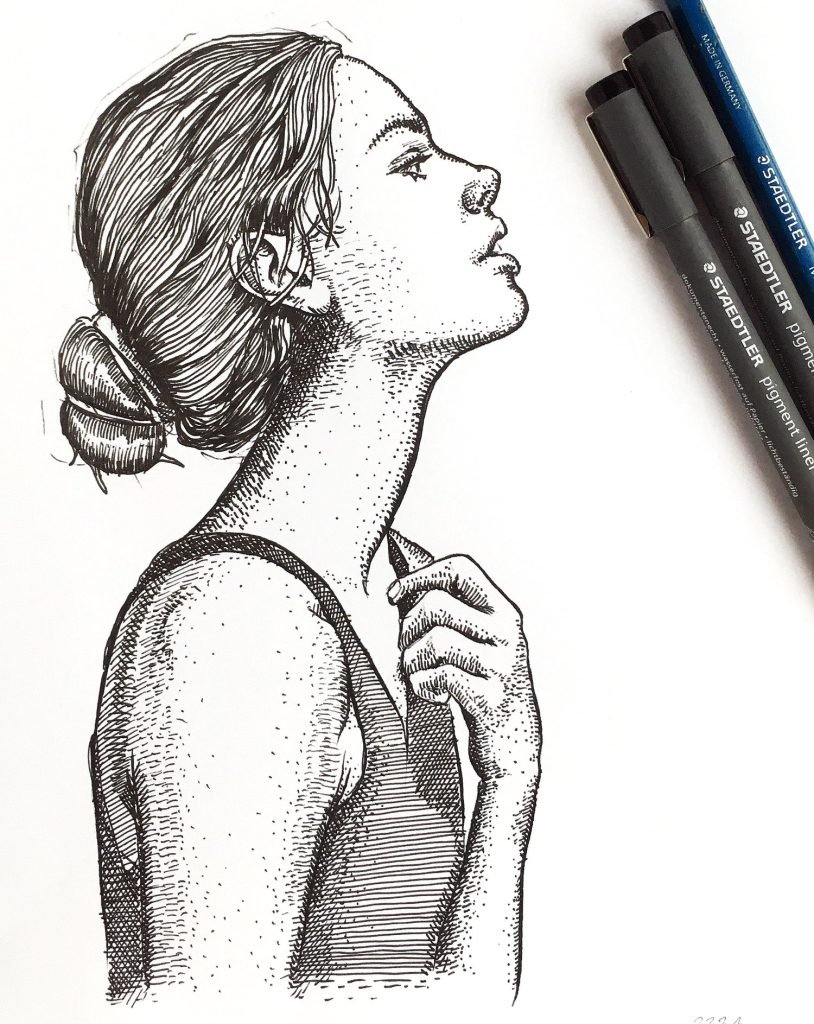 Contemporary female portrait drawing for sale by Dario Moschetta – elegant woman in profile, black ink artwork on paper