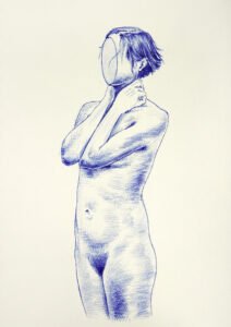Blue ballpoint drawing for sale titled Erased Identity by Dario Moschetta, female nude figure on A4 paper