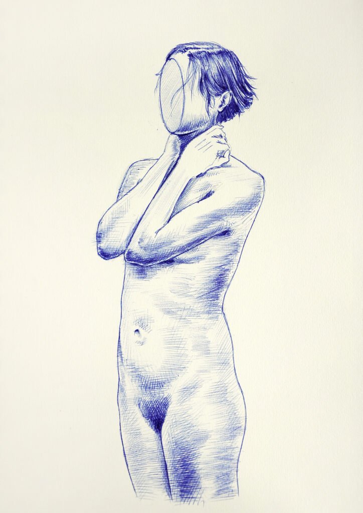 Blue ballpoint drawing for sale titled Erased Identity by Dario Moschetta, female nude figure on A4 paper