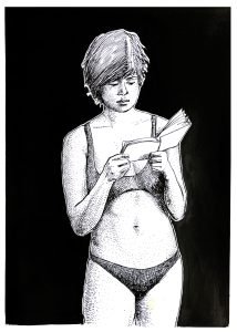 Intimate female ink drawing by Dario Moschetta – woman reading a private letter, black and white artwork on paper