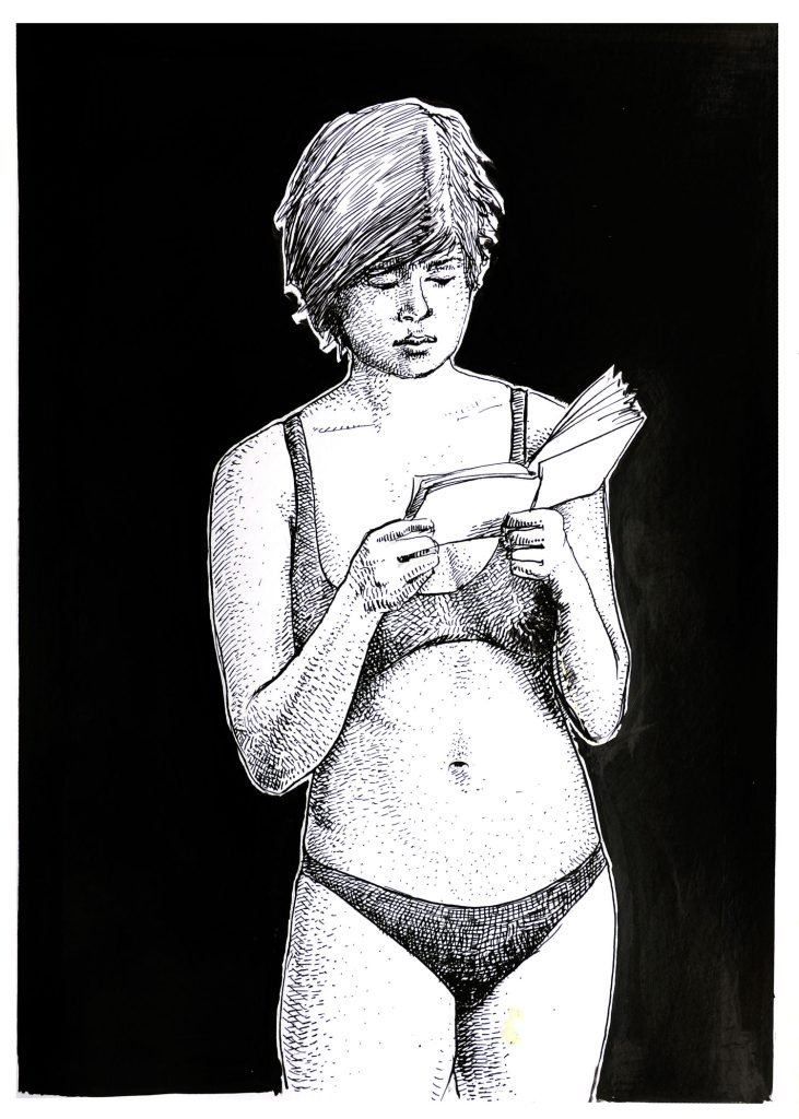Intimate female ink drawing by Dario Moschetta – woman reading a private letter, black and white artwork on paper