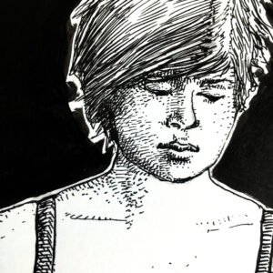 Close-up of woman reading in intimate female ink drawing by Dario Moschetta – expressive face and detailed book illustration