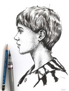 Ink portrait drawing for sale by Dario Moschetta – side profile artwork with pen and pencil beside the drawing on white paper