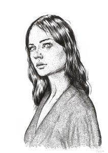 female ink line portrait drawing Steady Look by Dario Moschetta, black ink on white paper