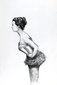 Ink drawing for sale – Stage Still ballerina artwork by Dario Moschetta, original black ink on 240gsm paper A4
