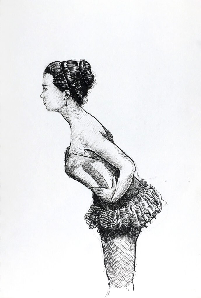 Ink drawing for sale – Stage Still ballerina artwork by Dario Moschetta, original black ink on 240gsm paper A4