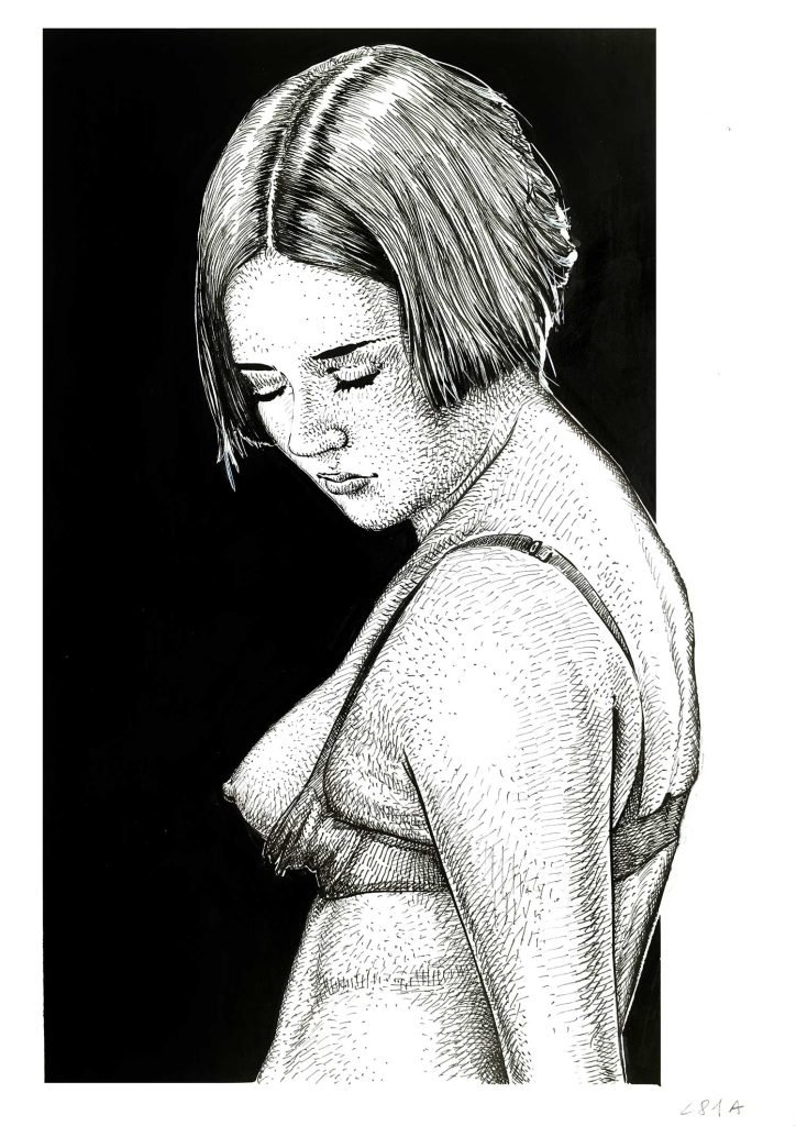 Erotic ink drawing for sale – side view of woman in lingerie by Dario Moschetta