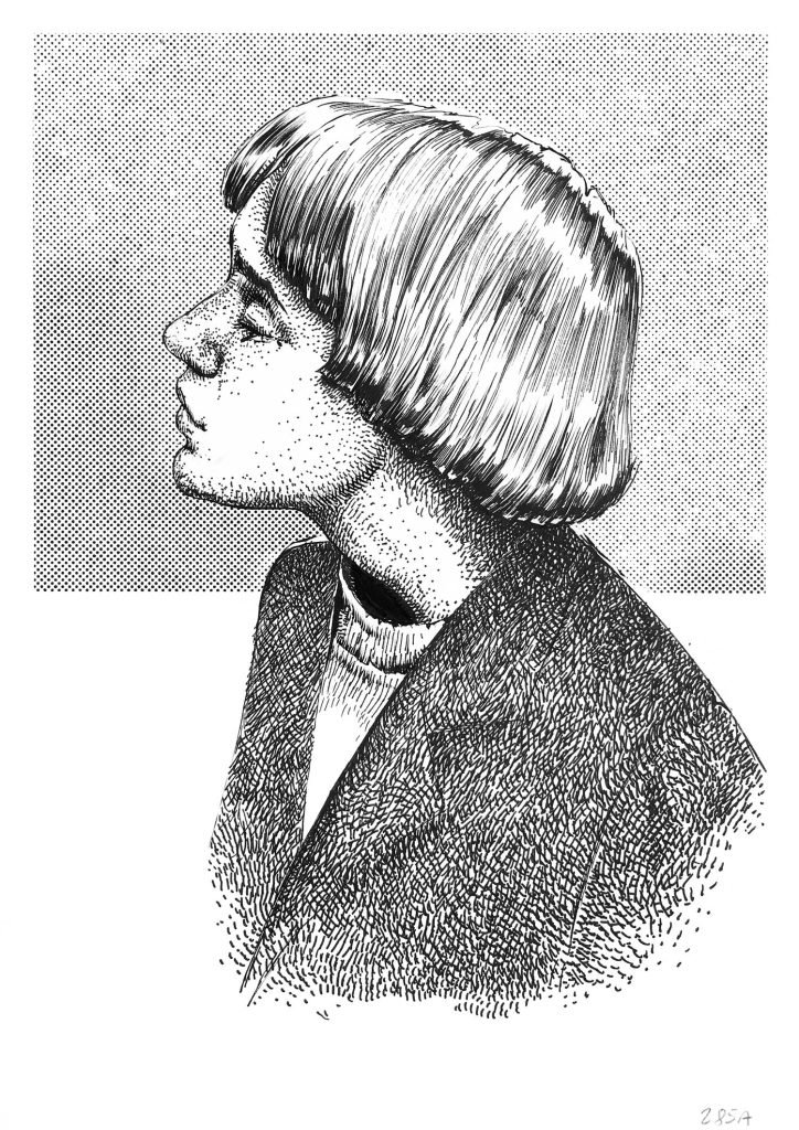 Textured ink portrait drawing for sale by Dario Moschetta – detailed male profile rendered in black ink and stippling on paper