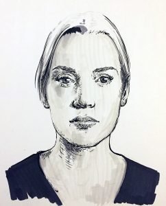 Black and white portrait drawing for sale by Dario Moschetta – expressive female face rendered in ink and pencil on paper