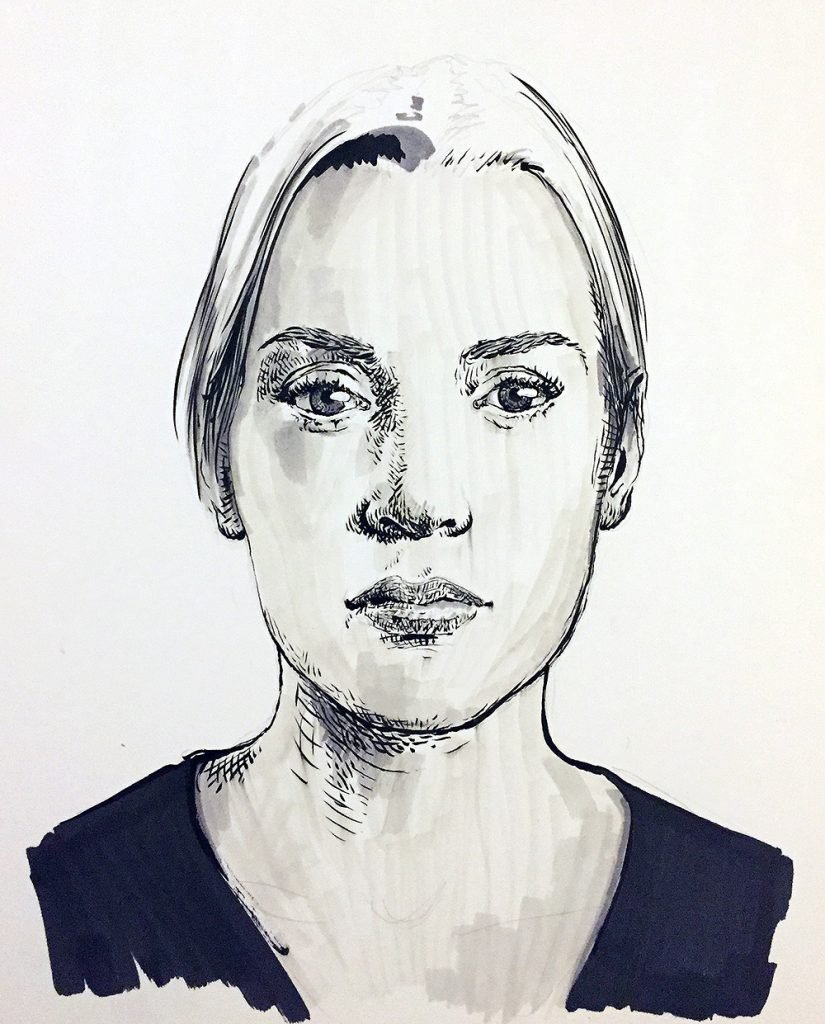 Black and white portrait drawing for sale by Dario Moschetta – expressive female face rendered in ink and pencil on paper
