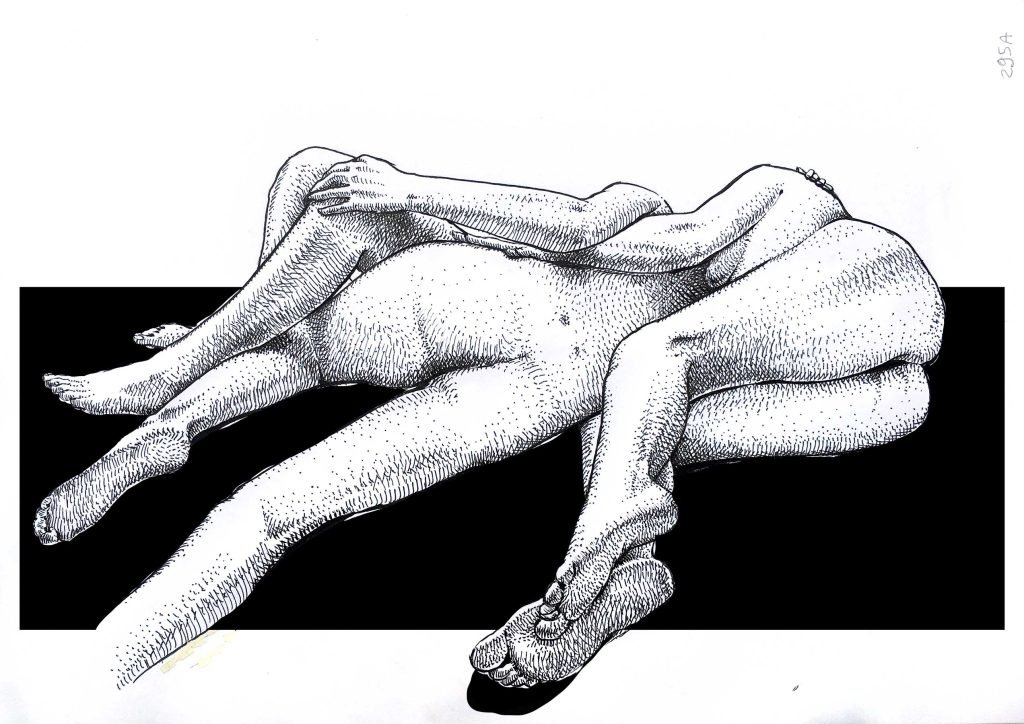 Erotic female nude ink drawing – original artwork on paper by Dario Moschetta
