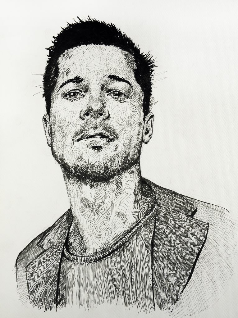 Male portrait ink drawing – expressive handmade artwork in black ink.