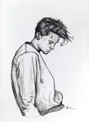 Male ink portrait drawing for sale by Dario Moschetta – expressive black ink artwork of a young man in profile on paper