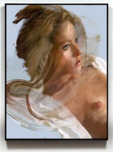 Contemporary Figurative Painting – framed view of Portrait 428 hanging on a white wall