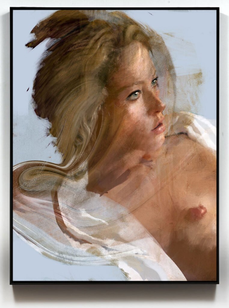 Contemporary Figurative Painting – framed view of Portrait 428 hanging on a white wall