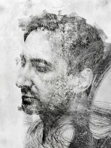 Mixed media male portrait painting by Dario Moschetta, abstract self-portrait with natural textures