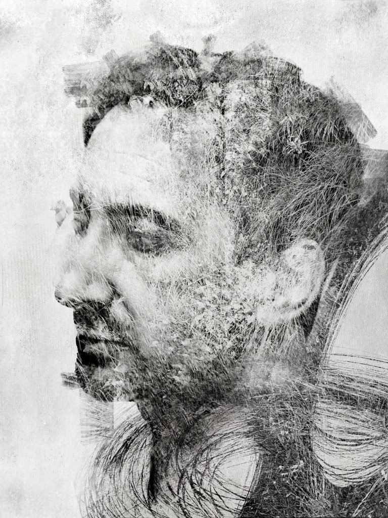 Mixed media male portrait painting by Dario Moschetta, abstract self-portrait with natural textures