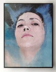 Contemporary portrait painting Portrait 442 by Dario Moschetta, mixed media artwork on canvas 60x80cm, featuring a female face emerging from water