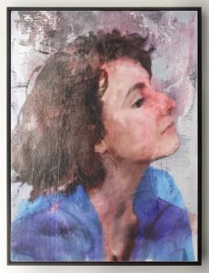 Original female portrait on canvas by Dario Moschetta, mixed media painting with textured layers and expressive colors