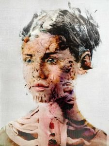 Mixed media female portrait by Dario Moschetta, original artwork on canvas with organic textures and layered techniques