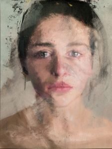 Expressive female portrait painting with layered brushwork and emotional expression – mixed media by Dario Moschetta.