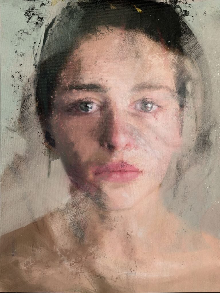 Expressive female portrait painting with layered brushwork and emotional expression – mixed media by Dario Moschetta.