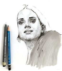 Expressive female ink drawing for sale by Dario Moschetta – portrait of a woman with gentle light and delicate shading on paper