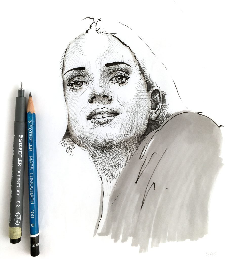 Expressive female ink drawing for sale by Dario Moschetta – portrait of a woman with gentle light and delicate shading on paper