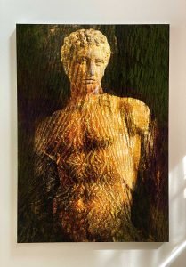Chirone 2 painting by Dario Moschetta – acrylic portrait inspired by Greek mythology, representing Chiron with sculptural texture and earthy tones.