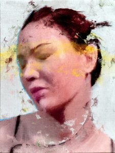 Female mixed media portrait for sale – original artwork by Dario Moschetta, featuring a textured and expressive female face with closed eyes, in acrylic, oil, spray paint and pastels on canvas.