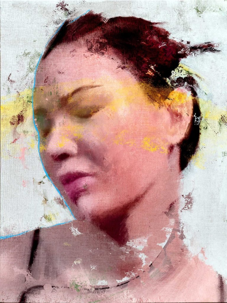 Female mixed media portrait for sale – original artwork by Dario Moschetta, featuring a textured and expressive female face with closed eyes, in acrylic, oil, spray paint and pastels on canvas.