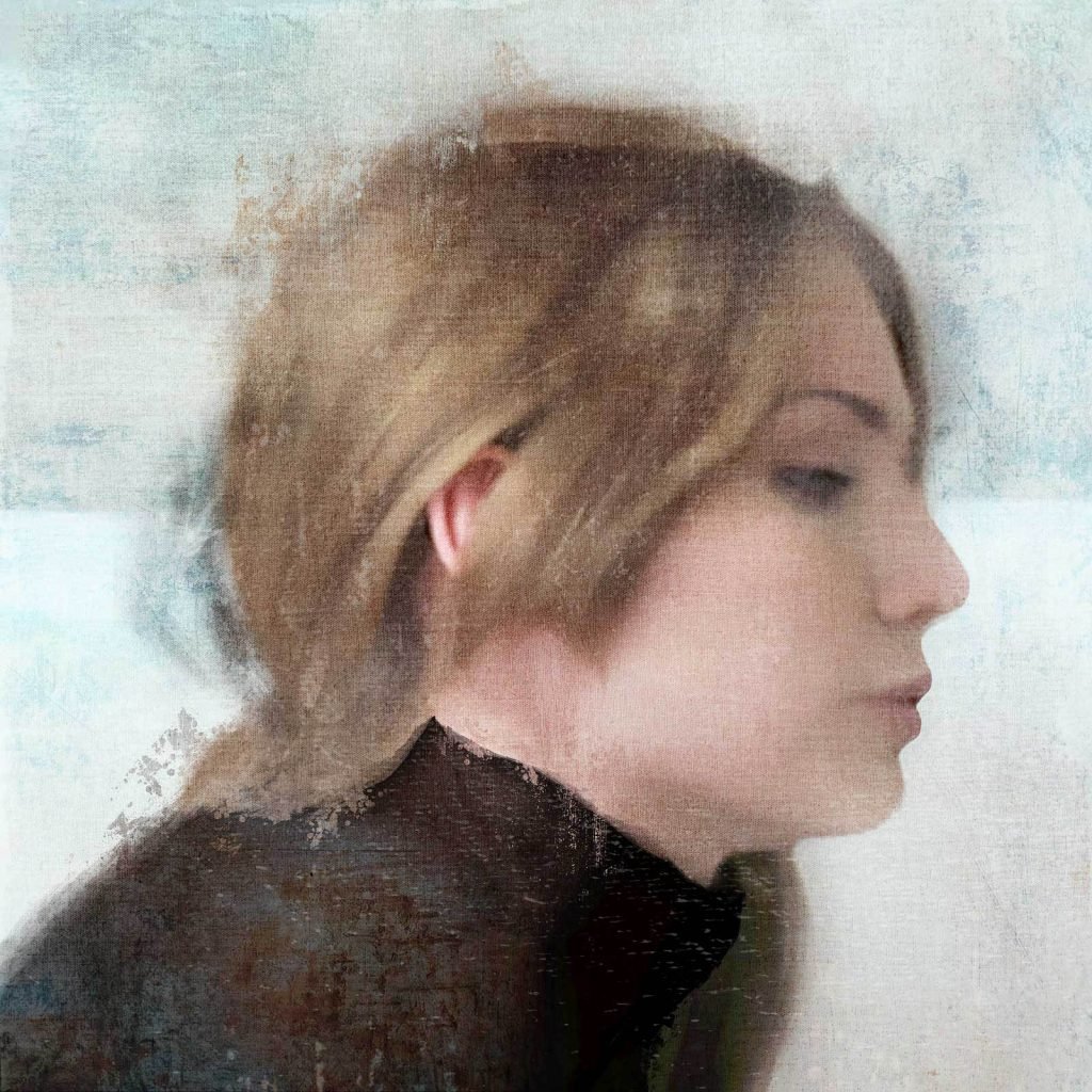Velvet Thought by Dario Moschetta – mixed media artwork for sale, female portrait painting on canvas