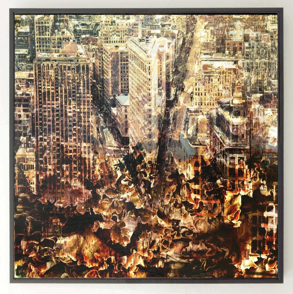 Amber toned cityscape painting of New York skyline by Dario Moschetta – contemporary mixed media artwork on canvas