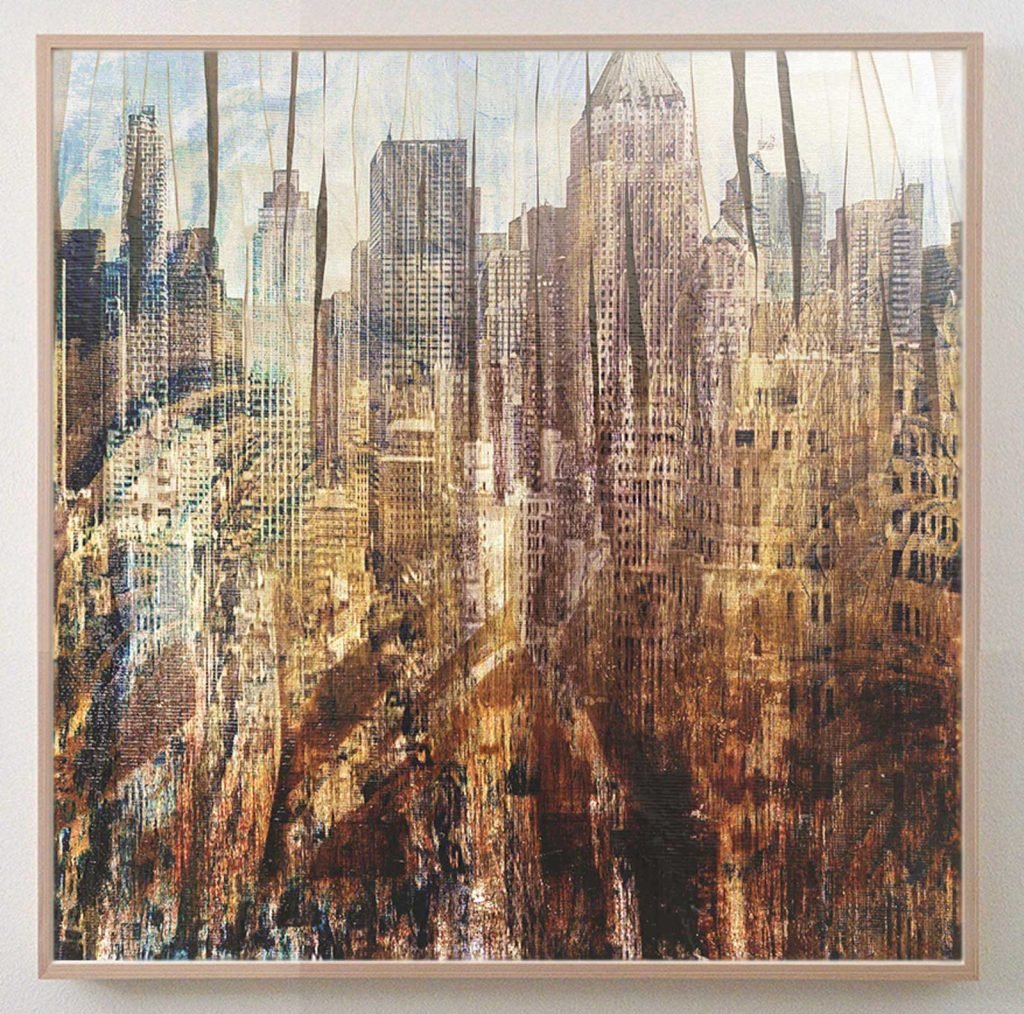 Contemporary New York cityscape painting with layered textures and abstract buildings, square mixed media artwork titled "New York 56"