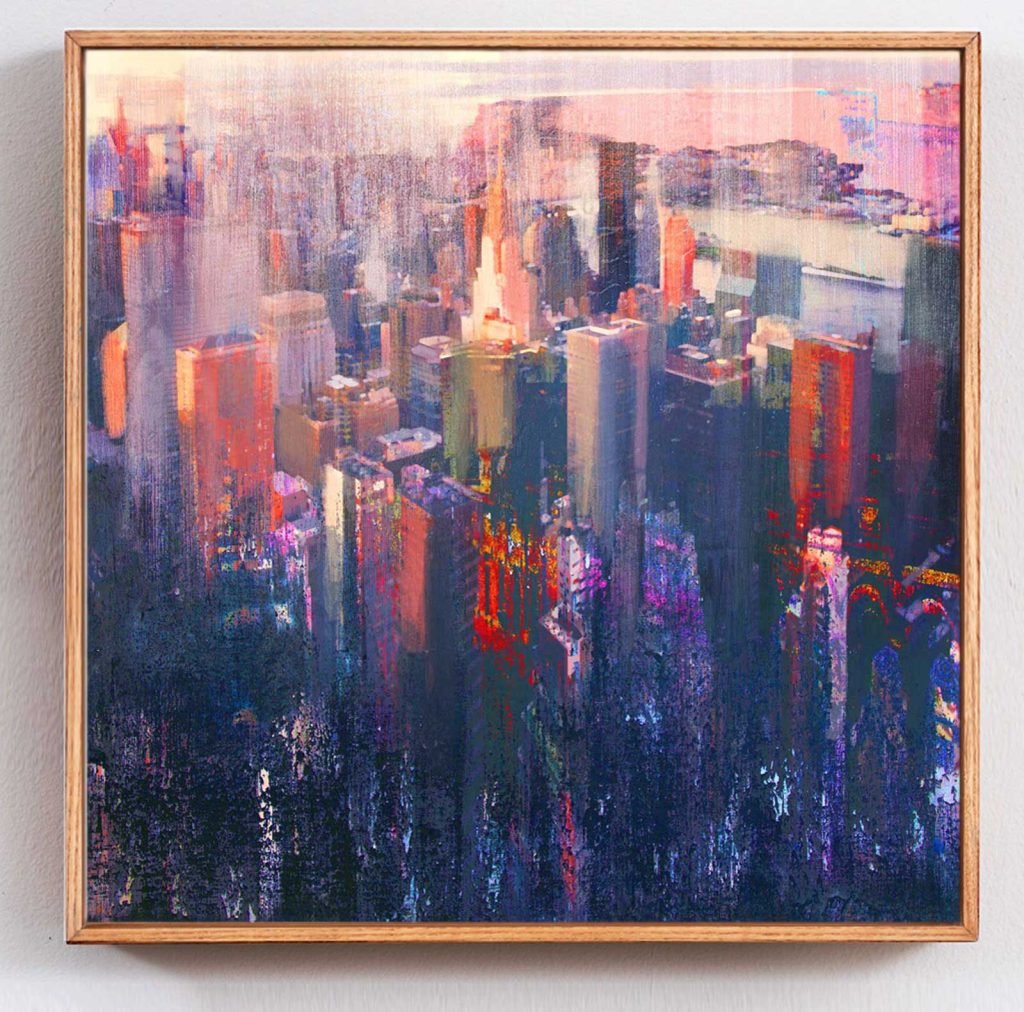 New York cityscape painting by Dario Moschetta, contemporary mixed media artwork with acrylic, spray paint and pastel layers.